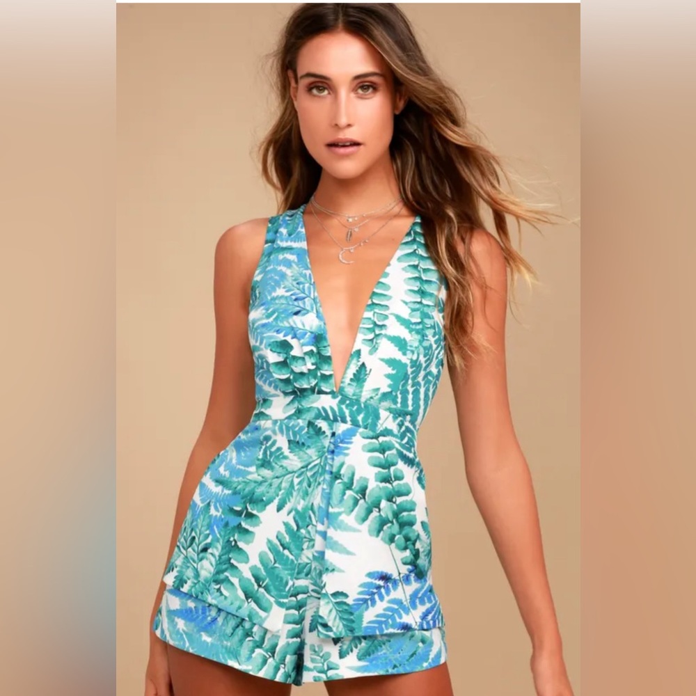 Lulu’s Balboa Park White Romper With Green and Blue Print